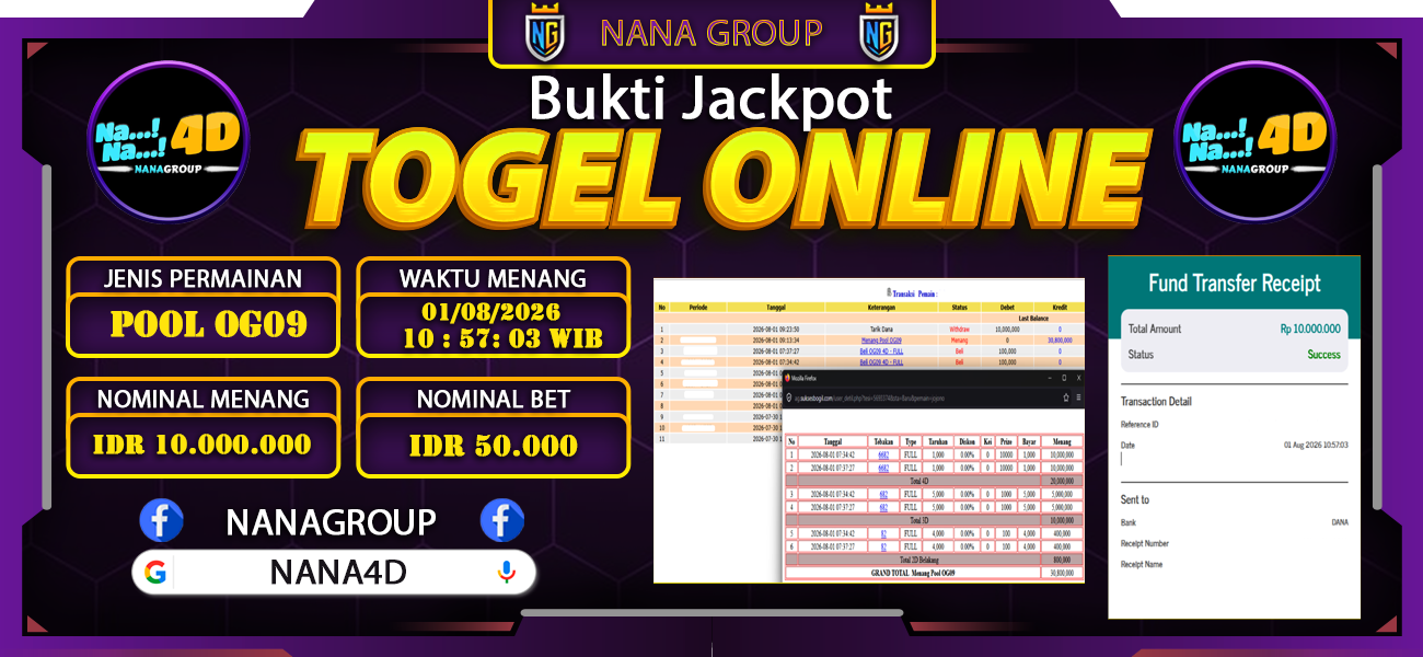 Bukti Kemenangan Besar Dibayar lunas Member NANA4D RP 10.000.000, 1 Agustus 2026