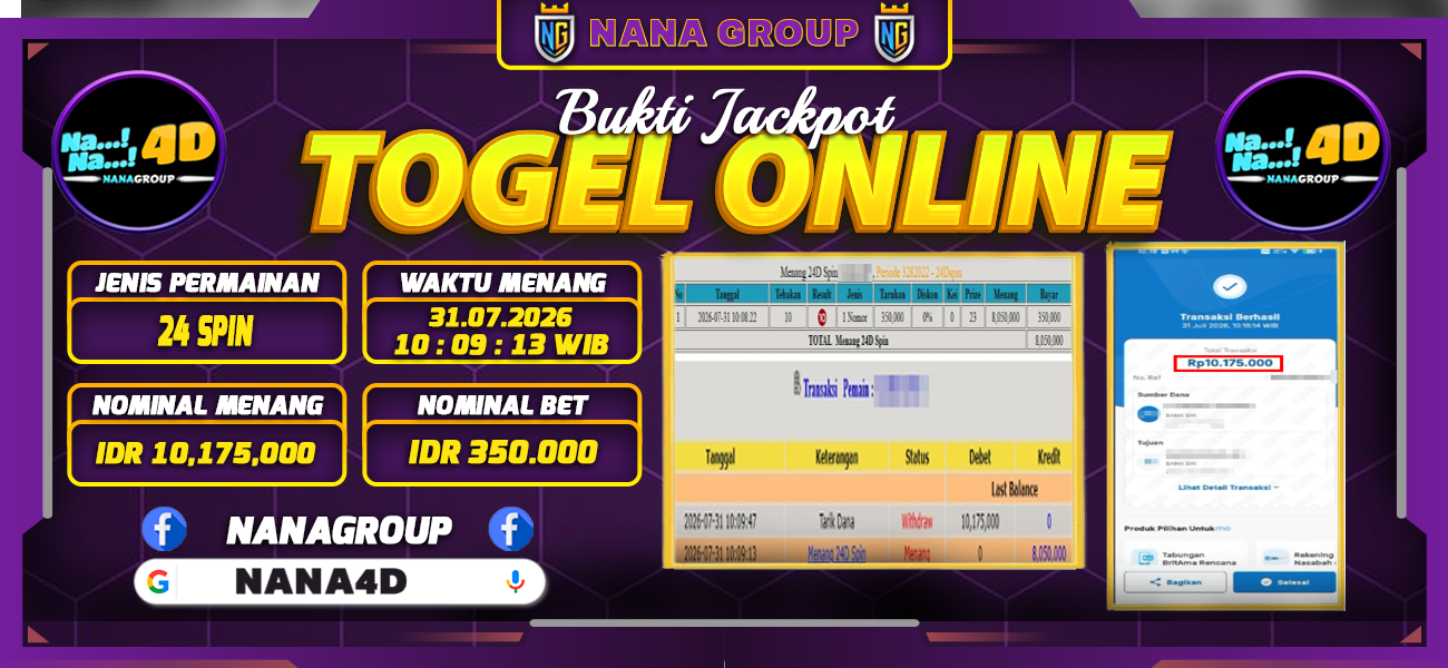 Bukti Kemenangan Besar Dibayar lunas Member NANA4D RP 10.175.000, 1 Agustus 2026