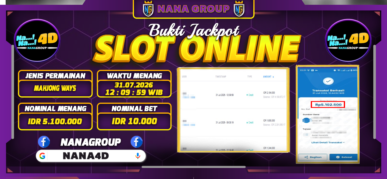 Bukti Kemenangan Besar Dibayar lunas Member NANA4D RP 5.100.000, 1 Agustus 2026