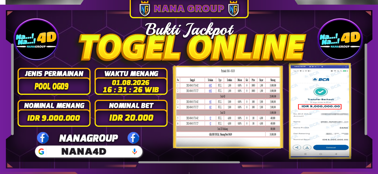 Bukti Kemenangan Besar Dibayar lunas Member NANA4D RP 9.000.000, 1 Agustus 2026
