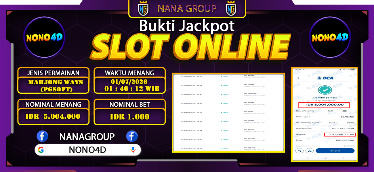 Bukti Kemenangan Besar Dibayar lunas Member NONO4D RP 5.004.000, 1 Agustus 2026