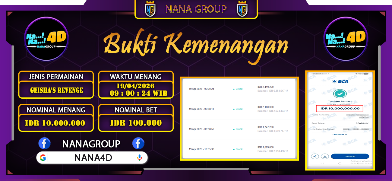 Bukti Kemenangan Besar Dibayar lunas Member NANA4D RP 10.000.000, 19 April 2026