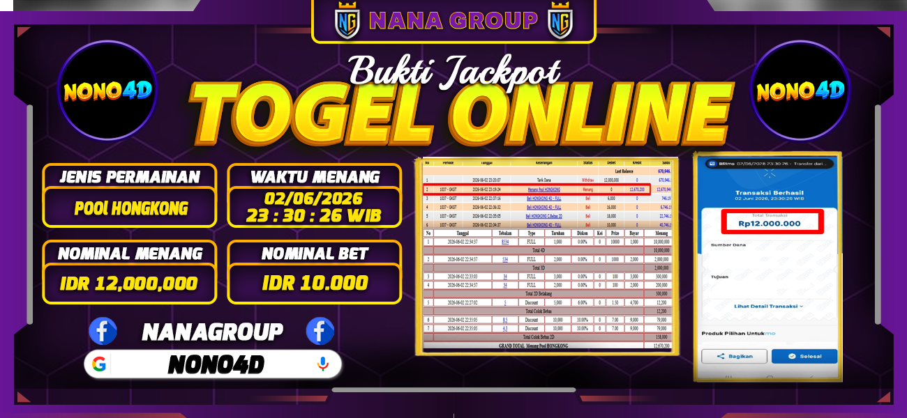 Bukti Kemenangan Besar Dibayar lunas Member NANA4D RP 12.000.000, 2 Juni 2026