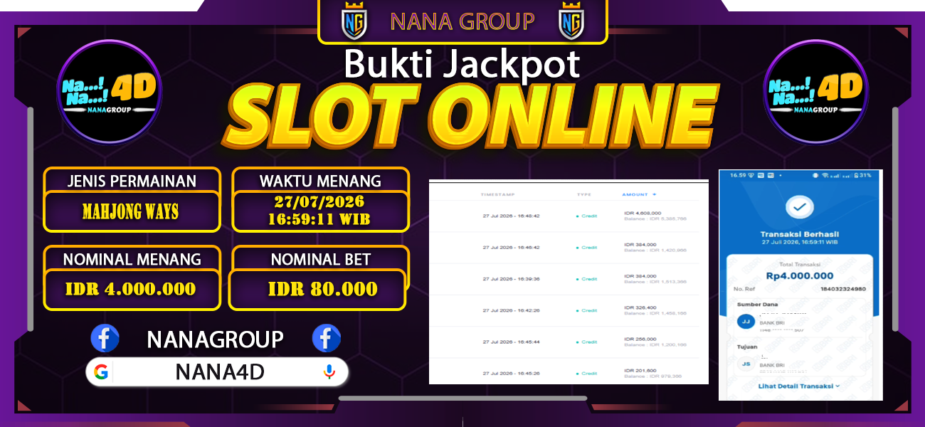 Bukti Kemenangan Besar Dibayar lunas Member NANA4D RP 4.000.000, 27 Juli 2026