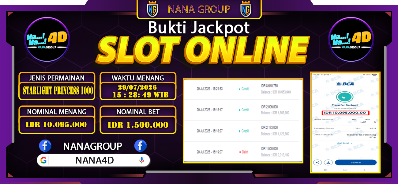Bukti Kemenangan Besar Dibayar lunas Member NANA4D RP 10.095.000, 29 Juli 2026