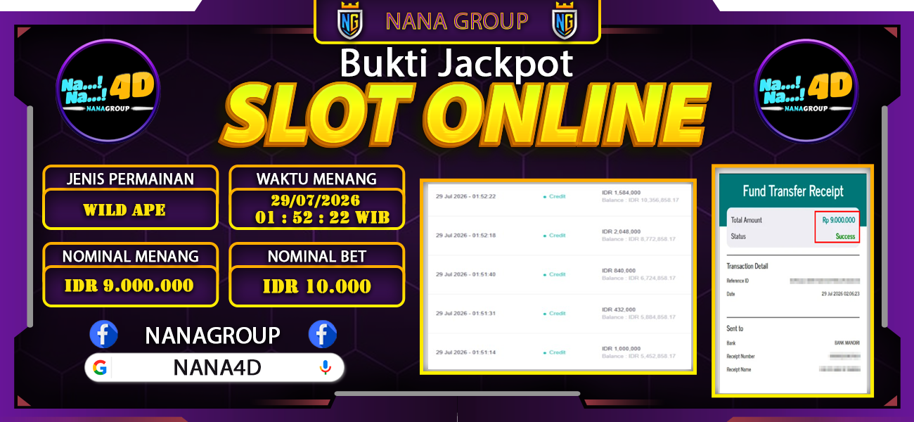 Bukti Kemenangan Besar Dibayar lunas Member NANA4D RP 9.000.000, 29 Juli 2026