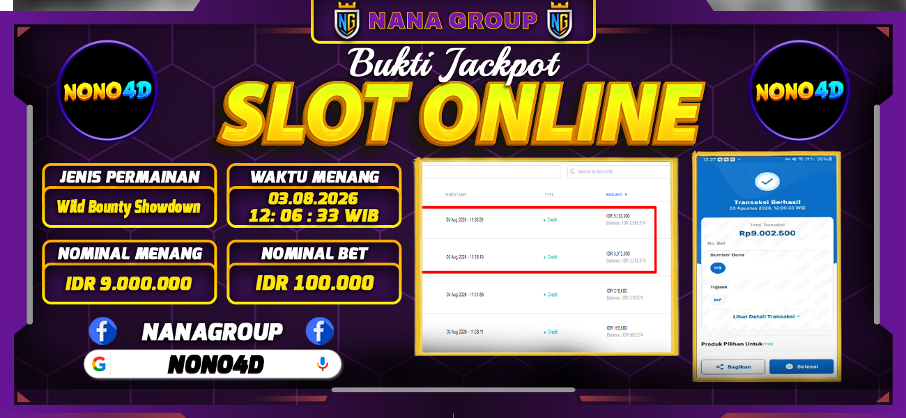 Bukti Kemenangan Besar Dibayar lunas Member NANA4D RP 9.000.000, 3 Agustus 2026