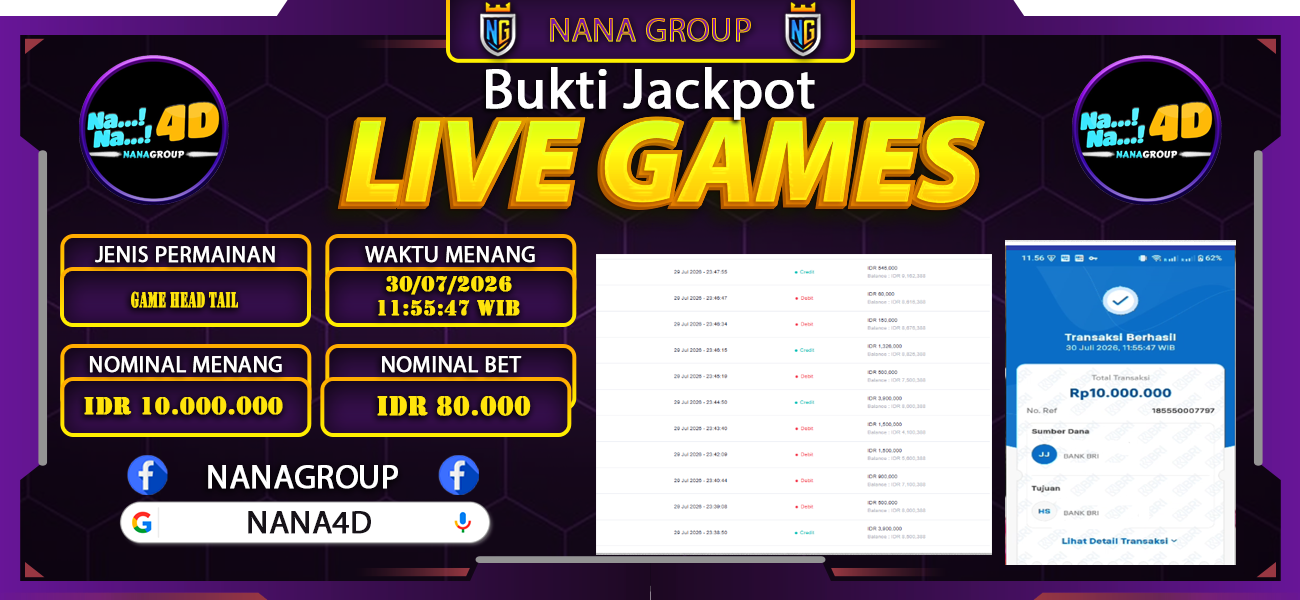 Bukti Kemenangan Besar Dibayar lunas Member NANA4D RP 10.000.000, 30 Juli 2026