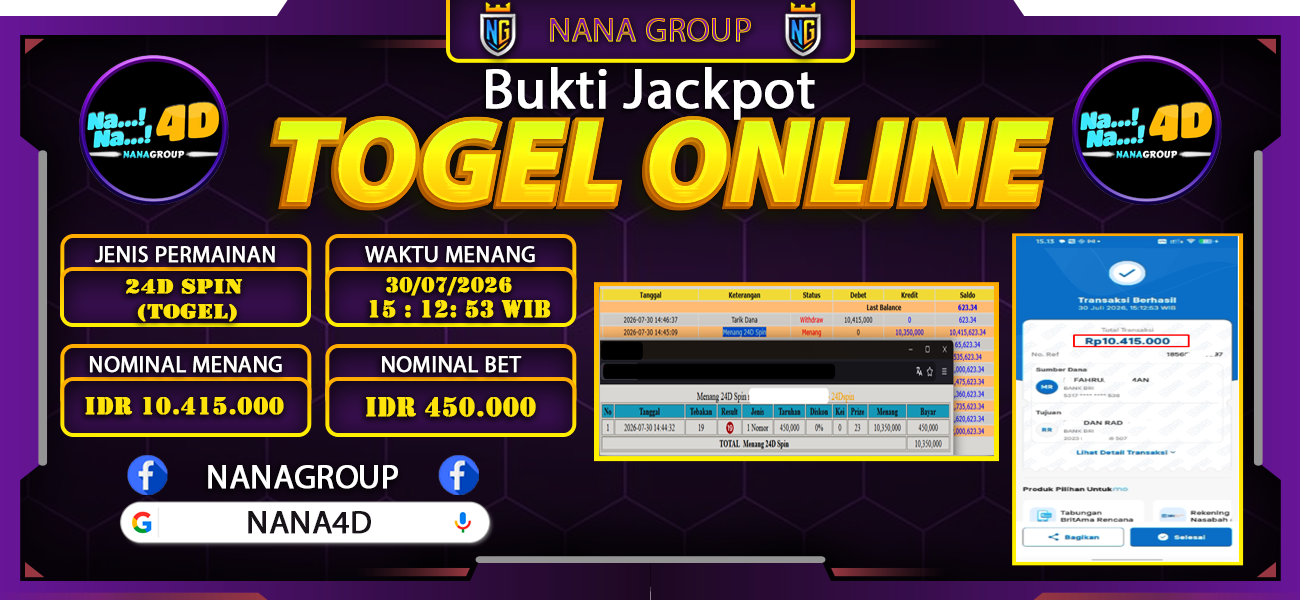 Bukti Kemenangan Besar Dibayar lunas Member NANA4D RP 10.415.000, 30 Juli 2026
