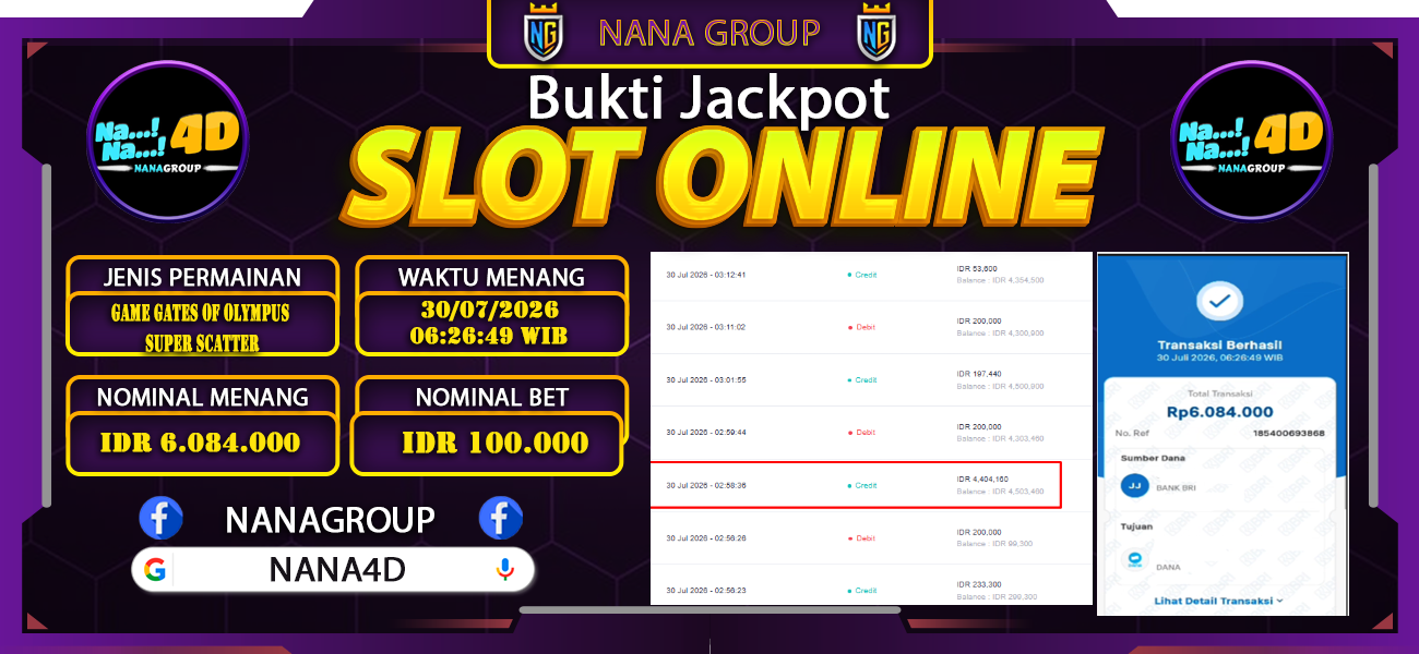 Bukti Kemenangan Besar Dibayar lunas Member NANA4D RP 6.084.000, 30 Juli 2026