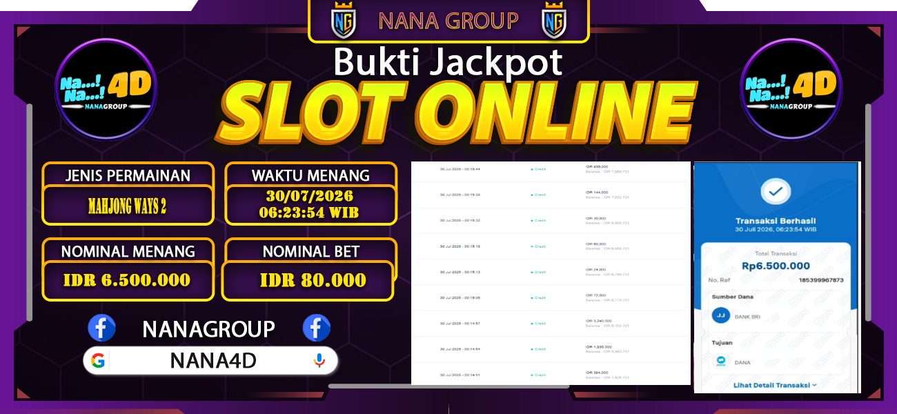 Bukti Kemenangan Besar Dibayar lunas Member NANA4D RP 6.500.000, 30 Juli 2026