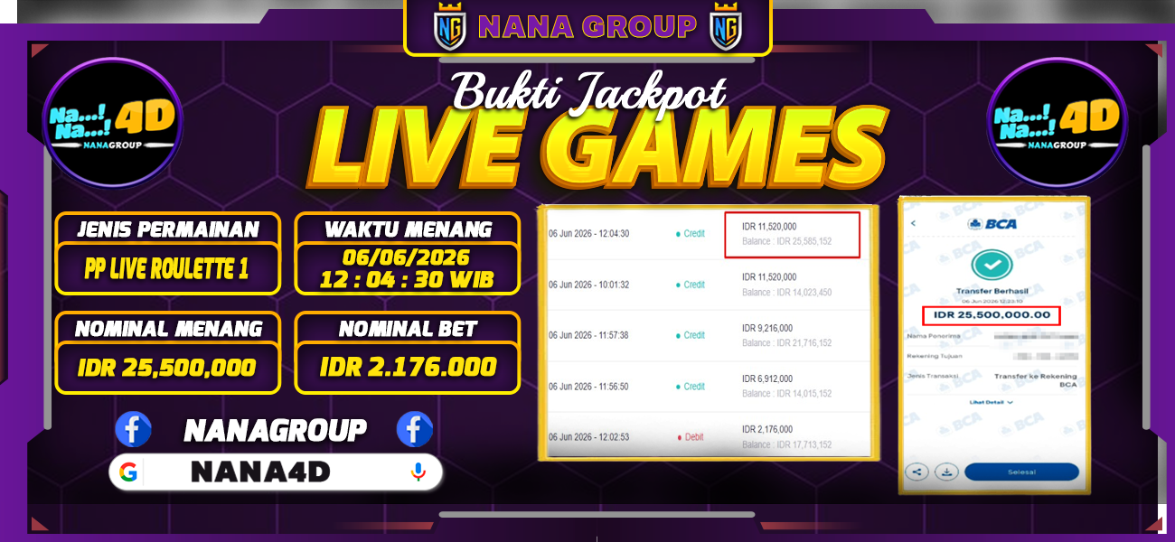 Bukti Kemenangan Besar Dibayar lunas Member NANA4D RP 25.500.000, 6 Juni 2026