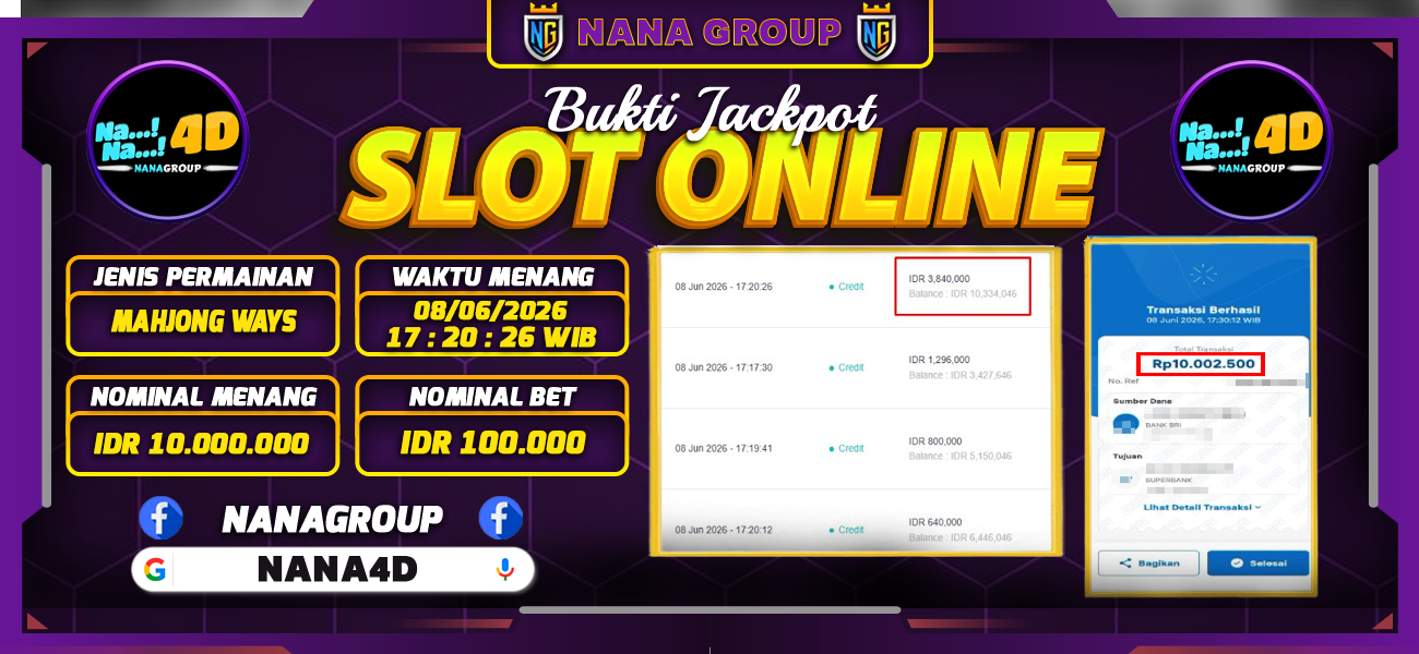Bukti Kemenangan Besar Dibayar lunas Member NANA4D RP 10.000.000, 8 Juni 2026